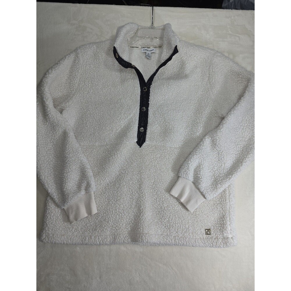 Calvin Klein Fleece Pullover Womens Small White Sherpa Snap Button Placket Cozy